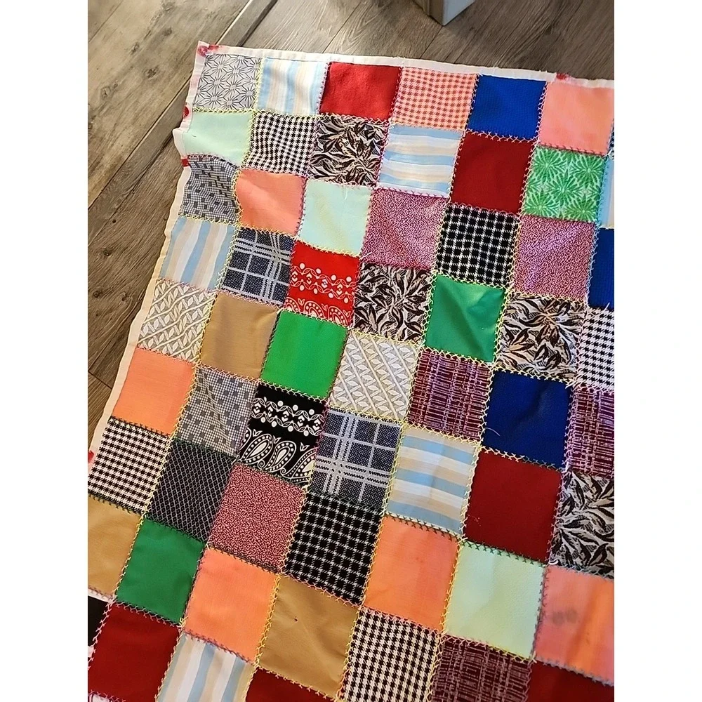 Vtg 60s 70s Patchwork squares Quilt Handmade Colorful Blanket 90